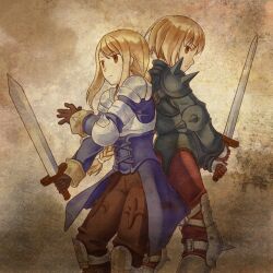  1boy agrias_oaks angelsyndrome armor back-to-back blonde_hair boots braid brown_eyes commentary_request female final_fantasy final_fantasy_tactics gloves long_hair photoshop_(medium) ramza_beoulve single_braid spikes sword weapon 