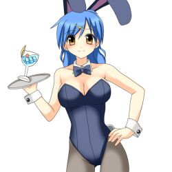  animal_ears bare_shoulders black_pantyhose blue_bow blue_bowtie blue_hair blue_leotard blush bow bowtie breasts brown_eyes cherry cleavage closed_mouth cocktail commentary_request contrapposto cowboy_shot cup detached_collar drinking_glass earrings fake_animal_ears fake_tail female food fruit hair_ornament holding holding_tray houshou_hanon ice ice_cube jewelry large_breasts lemon lemon_slice leotard light_smile looking_at_viewer mermaid_melody_pichi_pichi_pitch miru pantyhose parted_bangs playboy_bunny rabbit_ears rabbit_tail short_hair simple_background smile solo spilling standing strapless strapless_leotard stud_earrings tail tray white_background wine_glass wrist_cuffs x_hair_ornament 