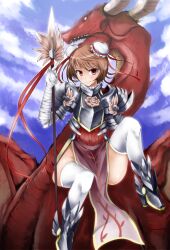  alternate_hair_color angel_(drag-on_dragoon) armor bad_id bad_pixiv_id breastplate brown_eyes brown_flower brown_hair brown_rose bun_cover double_bun drag-on_dragoon drag-on_dragoon_1 dragon female flower gomibuta_kuzutarou hair_bun ibaraki_kasen no_panties pauldrons pelvic_curtain polearm rose short_hair shoulder_armor sitting solo thighhighs touhou weapon white_thighhighs 