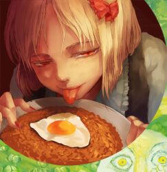  colored_eyelashes commentary_request egg female fingernails food jitome nail_polish rumia sharp_fingernails slit_pupils solo tongue touhou upper_body uruo 