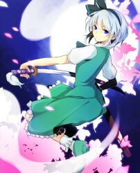  black_hairband blue_eyes bobby_socks bow cherry_blossoms commentary_request female ghost hairband hitodama kan&#039;yu_(citron_82) katana konpaku_youmu konpaku_youmu_(ghost) ribbon scabbard sheath shoes short_hair skirt socks solo sword touhou vest weapon white_hair white_socks 