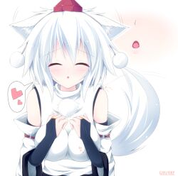  animal_ears bad_id bad_pixiv_id bare_shoulders blush breasts bridal_gauntlets closed_eyes commentary_request detached_sleeves ear_wiggle female ginzake_(mizuumi) grey_hair hat heart incoming_kiss inubashiri_momiji large_breasts short_hair solo spoken_heart tail tail_wagging tokin_hat touhou upper_body wolf_ears wolf_tail 