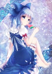  arm_support bad_id bad_pixiv_id bare_legs barefoot bloomers blue_eyes blue_hair cirno dress feet female food from_behind glass_slipper high_heels highres ice ice_wings looking_back no_socks nunucco popsicle shoes short_hair sitting smile solo touhou transparent_footwear underwear watermelon_bar wings 