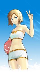  ball bandeau bandeau_bikini bare_shoulders beachball bikini blonde_hair blue_eyes female female holding k+ navel original short_hair sky smile solo source_request strapless strapless_bikini strapless_swimsuit swimsuit tankini tubetop v water wet 