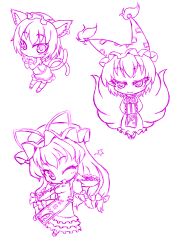  3girls :3 \m/ animal_ears cat_ears cat_tail chen chibi commentary_request earrings food fox_tail hands_in_opposite_sleeves hat jewelry long_hair monochrome multiple_girls multiple_tails nekokichi one_eye_closed purple_theme seikan_hikou smile star_(symbol) tail touhou yakumo_ran yakumo_yukari 