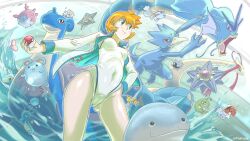  ass_visible_through_thighs blue_eyes breasts charm_(object) commentary_request corsola covered_navel female from_below goldeen golduck gyarados highres holding holding_poke_ball horsea jacket kasumi_(pokemon) lanturn lapras luvdisc maigleco marill medium_breasts milotic one-piece_swimsuit open_clothes open_jacket orange_hair pikachu poke_ball poke_ball_(basic) pokemon pokemon_(anime) pokemon_(creature) pokemon_hgss politoed print_swimsuit quagsire seaking shellder short_hair smile splashing starmie staryu swimsuit togepi water white_jacket white_one-piece_swimsuit 