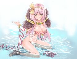  arima_natsubon bandeau bow breasts cleavage commentary_request detached_sleeves feathers female green_eyes hairband hairbow high_heels large_breasts long_hair no_panties partially_submerged pink_hair ragnarok_online sandals shoes sitting smile solo sorcerer_(ragnarok_online) strapless tube_top wariza water witch 