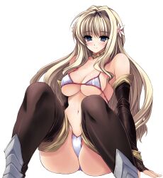  armor bad_id bad_pixiv_id bikini bikini_armor blonde_hair blue_eyes blush breasts choker detached_sleeves elbow_gloves female fingerless_gloves flower gloves hair_flower hair_ornament highres kusugawa_sasara large_breasts long_hair photoshop_(medium) shinano_yura simple_background smile solo swimsuit thighhighs thong_bikini to_heart_(series) to_heart_2 to_heart_2_dungeon_travelers white_bikini 