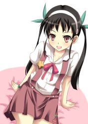  bad_id bad_pixiv_id bakemonogatari black_hair female green_ribbons hachikuji_mayoi hair_ribbon hairband long_hair monogatari_(series) red_eyes ribbon solo twintails yappen 