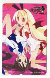  2girls bare_legs bat_wings blonde_hair brown_eyes brown_hair candy disgaea earrings flonne flonne_(fallen_angel) food harada_takehito jewelry jpeg_artifacts kazamatsuri_fuuka long_hair lying makai_senki_disgaea_4 multiple_girls official_art pointy_ears red_eyes school_swimsuit swimsuit tail twintails wings 