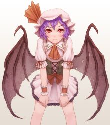  ascot bad_id bad_pixiv_id bat_wings blush bow corset female hairbow kurione_(zassou) purple_hair red_eyes remilia_scarlet short_hair skirt skirt_tug solo standing sweatdrop torn_wings touhou wings wrist_cuffs 