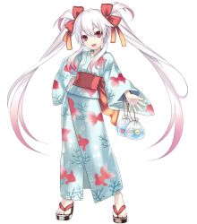  :d albino alternate_costume animal_print bag bagged_fish blue_kimono bow cross_edge eruma feet female fish fish_print full_body goldfish goldfish_print gradient_hair hairbow hand_on_own_hip highres japanese_clothes kimono lolicon long_hair long_sleeves multicolored_hair obi official_art open_mouth photoshop_(medium) pink_eyes pink_hair sandals sash simple_background smile solo standing tachi-e tsunako twintails very_long_hair white_hair yukata 