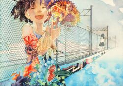  2girls :d aerial_fireworks beetle bird black_hair bottle bug chicken cicada closed_eyes cloud commentary_request day dress dual_persona fence festival fireworks fish flower food fox_mask fruit goldfish japanese_clothes kimono male_chicken mask matabi mosquito_coil multiple_girls open_mouth original painting_(medium) school_uniform short_hair sky smile summer sundress sunflower surreal traditional_media water_bottle watercolor_(medium) watermelon yukata 