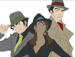  2boys alternate_costume ascot avatar_legends blue_eyes bolin brown_hair budgie coat concept_art dark-skinned_female dark_skin fedora female formal green_eyes hair_tubes hat korra mako_(avatar) multiple_boys necktie suit the_legend_of_korra trench_coat yellow_eyes 