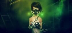  bare_shoulders black_hair canister commentary_request cyborg dress eyelashes female flower gas gloves holding mechanical_parts mezamero original respirator ruins science_fiction short_hair single_glove solo sundress wind 