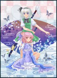  2girls back blush border bow bowtie breasts bug butterfly commentary_request dress_shirt flower ghost hair_ornament hairband hand_fan hitodama japanese_clothes katana konpaku_youmu konpaku_youmu_(ghost) medium_breasts multiple_girls puracotte saigyouji_yuyuko scabbard sheath shirt short_hair short_sword sitting skirt smile sword tantou touhou vest weapon white_hair 