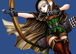  arrow boots bow_(weapon) braid def_(chronowarld) dragon&#039;s_crown elf elf_(dragon&#039;s_crown) hood pointy_ears red_eyes shorts thigh_boots thighhighs vanillaware weapon white_hair 