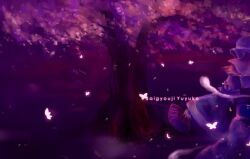  au11 back bad_id bad_pixiv_id bug butterfly cherry_blossoms dress female folding_fan from_behind hand_fan hat hitodama night petals pink_hair purple_theme saigyouji_yuyuko short_hair solo standing touhou tree 