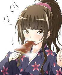  alternate_hairstyle amagami blunt_bangs brown_eyes brown_hair commentary_request eating female food ikayaki japanese_clothes kamizaki_risa kimono long_hair ponytail scrunchie shouji_nigou sidelocks solo squid 