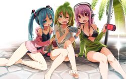  3girls arm_support banana_(kuromaru9) banana_hair_ornament barefoot bikini bikini_under_clothes blue_hair breasts commentary_request competition_school_swimsuit crossover feet food-themed_hair_ornament green_hair hair_ornament handheld_game_console hatsune_miku headphones highres jacket kuromaru9 medium_breasts multiple_girls navel nitroplus one-piece_swimsuit one_eye_closed original palm_tree personification photoshop_(medium) pink_hair playing_games playstation_portable pool school_swimsuit small_breasts super_sonico swimsuit swimsuit_under_clothes tree vocaloid 