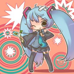  ;q bandages bandaid bandaid_on_hand bandaid_on_leg blue_eyes blue_hair chibi commentary_request concentric_circles crossed_bandaids female hatsune_miku highres long_hair one_eye_closed photoshop_(medium) scrape semausa slingshot_(weapon) solo spring_onion thighhighs tongue tongue_out twintails vocaloid 