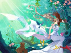  amg192003 bald_eagle belldandy bird blue_eyes bracelet brown_hair commentary_request dress eagle earrings facial_mark female flower forehead_mark jewelry jpeg_artifacts long_hair oh_my_goddess! petals ponytail smile solo squirrel tree very_long_hair 