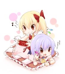  2girls bad_id bad_pixiv_id bat_wings blonde_hair blush bow cellphone chibi flandre_scarlet frilled_pillow frills hairbow handheld_game_console light_purple_hair multiple_girls no_headwear oerba_yun_fang open_mouth phone photoshop_(medium) pillow playing_games playstation_portable red_eyes remilia_scarlet short_hair siblings side_ponytail sisters smile socks touhou translated wings yukiu_con 