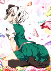  aqua_panties arched_back arm_support ass black_hairband black_socks blue_eyes blue_panties blush bow bow_panties commentary_request feet female food_print frilled_panties frills from_behind green_panties hairband hairbow kneehighs kneeling konpaku_youmu leaning_forward looking_back multiple_panties no_shoes orange_panties panties pink_panties pleated_skirt polka_dot polka_dot_panties print_panties red_panties sazanami_mio short_hair side-tie_panties sitting skirt skirt_set socks solo strawberry_panties strawberry_print striped_clothes striped_panties touhou underwear vest wariza white_hair 