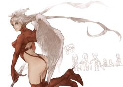  agrias_oaks angel_wings arched_back ass boots braid chibi chibi_inset cidolfus_orlandeau commentary_request demon female final_fantasy final_fantasy_tactics grey_eyes head_wings high_heels leotard long_hair mustadio_bunansa pr_(puru) ramza_beoulve red_leotard reis_duelar shoes solo sword thigh_boots thighhighs thong_leotard twin_braids ultima_(fft) very_long_hair weapon white_hair white_mage_(fft) white_mage_(final_fantasy) wings 