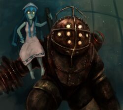  barefoot big_daddy_(bioshock) bioshock_(series) bioshock_1 bracelet colored_skin cosplay crossover drawfag dress drill drill_hand female glowing glowing_eyes grin hand_on_own_hip horror_(theme) ikamusume ikamusume_(cosplay) imageboard_desourced jewelry non-web_source on_shoulder oxygen_tank photoshop_(medium) shinryaku!_ikamusume sitting sleeveless sleeveless_dress smile white_dress yellow_eyes 