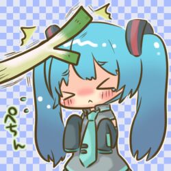  &gt;_&lt; :&lt; blue_hair blush checkered_background chibi closed_eyes commentary_request female hatsune_miku hitting long_hair necktie photoshop_(medium) semausa solo spring_onion teardrop twintails vocaloid 