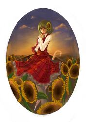  absurdres ascot au11 bad_id bad_pixiv_id circle closed_umbrella dress_shirt faux_traditional_media female field flower flower_field green_hair hair_flower hair_ornament highres kazami_yuuka outdoors plaid plaid_skirt plaid_vest red_eyes red_flower red_rose rose shirt short_hair skirt skirt_set sky smile solo sunflower sunflower_field sunset touhou umbrella vest white_legwear 