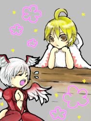  1boy ahoge angel_wings arufe breasts chibi cleavage cleavage_cutout closed_eyes clothing_cutout commentary_request female final_fantasy final_fantasy_tactics head_wings medium_breasts open_mouth ramza_beoulve robe short_hair tears tegaki thighhighs ultima_(fft) white_hair white_mage_(fft) white_mage_(final_fantasy) wings 