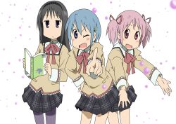  3girls absurdres akemi_homura arawi_keiichi_(style) bad_aspect_ratio black_eyes black_hair blue_eyes blue_hair blush book commentary_request hair_ornament hair_ribbon hairclip highres hyadain_no_kakakata_kataomoi_-_c kaname_madoka kyuubee long_hair mahou_shoujo_madoka_magica mahou_shoujo_madoka_magica_(anime) miki_sayaka mitakihara_school_uniform multiple_girls nichijou one_eye_closed open_mouth outstretched_arms pantyhose parody pink_eyes pink_hair plaid plaid_skirt pointing ribbon school_uniform short_hair short_twintails skirt style_parody twintails zakuro0508 