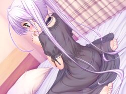  :o ahoge back barefoot bed bekkankou blue_eyes blush bra choker dutch_angle female fortune_arterial game_cg indoors light_purple_hair lingerie long_hair nightgown panties pillow see-through sitting soles solo tougi_shiro twintails underwear wariza 