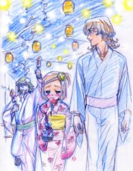  2boys barnaby_brooks_jr. blue_kimono blush braid braided_bangs cabbie_hat candy_apple colored_pencil_(medium) commentary_request father_and_daughter female festival flower food geta glasses hair_flower hair_ornament hat holding_hands ikayaki japanese_clothes kaburagi_kaede kaburagi_t._kotetsu kimono kinchaku lantern multiple_boys night nishida_asako obi paper_lantern pink_kimono pouch print_kimono sash squid summer summer_festival tiger_&amp;_bunny traditional_media yukata 