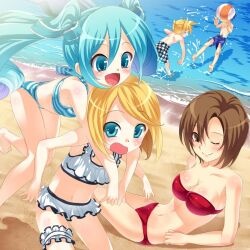  2boys 3girls aqua_eyes aqua_hair arm arm_support arms ball bandeau bandeau_bikini bare_shoulders beach beachball bikini blonde_hair blue_hair blush breasts brown_eyes brown_hair cleavage happy hatsune_miku hug kagamine_len kagamine_rin kaito long_hair meiko multiple_boys multiple_girls navel one_eye_closed open_mouth sand short_hair shy smile strapless strapless_bikini strapless_swimsuit summer swimsuit throw throwing tubetop twintails vocaloid water wet wink 