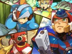  3boys alia_(mega_man) android armor axl_(mega_man) blonde_hair blue_eyes ckotnha cloud commentary_request green_eyes gun handgun headset helmet light_rays long_hair mega_man_(series) mega_man_x_(series) multiple_boys scar sunbeam sunlight weapon x_(mega_man) zero_(mega_man) 