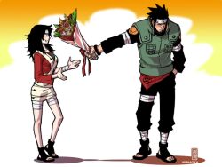  1boy bandages black_hair blush bouquet commentary_request couple female flak_jacket flower forehead_protector jacket konohagakure_symbol naruto naruto_(series) ryuuki_garyuu sarutobi_asuma straight yuuhi_kurenai 