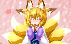  aburaage animal_ear_fluff animal_ears blonde_hair blue_dress blush closed_eyes commentary_request dress ear_wiggle eating female food fox_ears fox_tail happy_tears heart highres kazami_karasu multicolored_clothes multicolored_dress multiple_tails no_headwear short_hair smile solo tail tears touhou upper_body white_dress yakumo_ran 