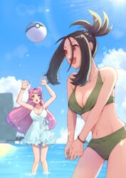  2024 2girls adult adult_female beach big_breasts bikini black_hair bracelet breasts buns cleavage clothed clothed_female clothing clouds day daytime dendra_(pokemon) dress earrings fit fit_female friends green_bikini green_eyes green_swimsuit hair_buns hairbuns high_ponytail in_water lens_flare light-skinned_female light_skin long_hair medium_breasts midriff miriam_(pokemon) multicolored_hair navel nintendo nm_ngi ocean outdoors outside pink_hair playing pokeball pokemon pokemon_sv ponytail purple_hair red_eyes scar scar_on_face sky straight_hair sun sunlight swimsuit volleyball water white_dress young_woman 