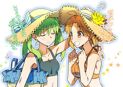  2girls ahoge bag commentary_request flower green_hair hat hat_flower hibino_hibiki katsuragi_chikagi kon_manatsu long_hair midriff multiple_girls orange_eyes orange_hair short_hair sun_hat twintails type-moon 