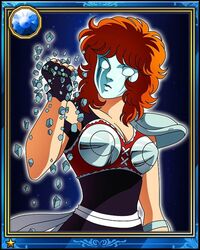  80s aquila_marin card female_warrior fingerless_gloves galaxy_card gloves kurumada_masami mask official_art official_artwork oldschool red_hair saint_seiya shonen_jump 