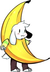  2015 alpha_channel anthro asriel_dreemurr banana banana_costume barefoot beady_eyes biped blush boss_monster_(undertale) bovid caprine clothed clothing costume feet food food_costume fruit fruit_costume fur goat green_eyes male mammal plant psibunny simple_background smile solo transparent_background undertale undertale_(series) white_body white_fur young young_anthro young_male 