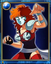  80s aquila_marin armor card female_warrior fighting_pose galaxy_card kurumada_masami mask oldschool red_hair saint_seiya shonen_jump 