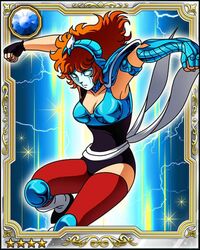  80s aquila_marin armor bikini_armor breasts card cleavage galaxy_card kurumada_masami mask oldschool red_hair saint_seiya shonen_jump 