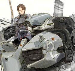  armor breastplate brown_hair commentary_request female front_mission front_mission_4 gloves izo_(bjc000510) latona_rodiona_vasilev looking_at_viewer lowres mecha robot science_fiction solo standing white_gloves 