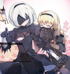  2b_(nier:automata) 2girls arm_hug black_blindfold black_dress black_gloves black_hairband black_legwear blindfold blonde_hair breasts cleavage cleavage_cutout closed_eyes clothing_cutout commentary_request covered_eyes dress facing_another floral_background gloves hairband holographic_interface long_hair long_sleeves multiple_girls nier:automata nier_(series) open_mouth operator_6o pod_(nier:automata) short_hair small_breasts thighhighs tsuezu veil white_hair yuri 