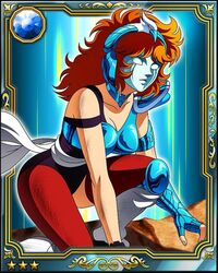  80s aquila_marin armor bare_shoulder bare_shoulders breasts bruise card chocker choker cleavage galaxy_card injury kurumada_masami oldschool red_hair saint_seiya shonen_jump 