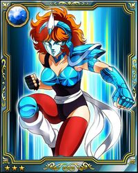  80s aqila_marin aquila_marin armor bare_shoulder bare_shoulders bikini_armor card galaxy_card kurumada_masami mask oldschool red_hair saint_seiya shonen_jump 